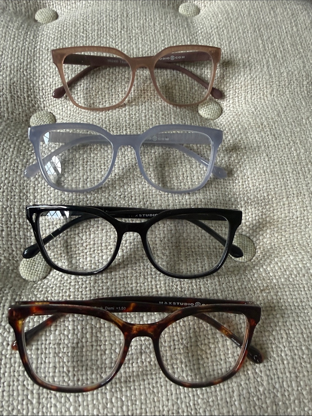 Assorted Cat-Eye Reading Glasses — Black, Tortoise, Frosted Lilac, Mauve + 1.5